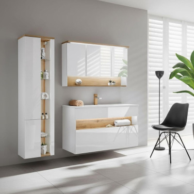 Design Badezimmer Möbel Bad 3 tlg. Set Garnitur Schrank Waschbecken Beleuchtung