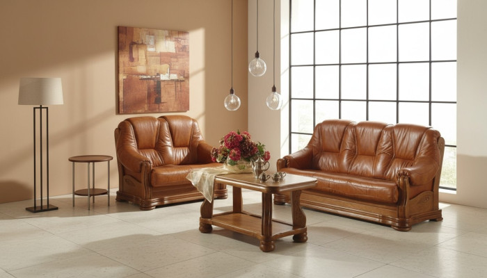 Garnitur 3+2 Sitzer Couch Polster Sitz Set 100% Italienisches Leder Garnituren