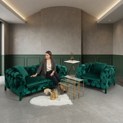 Grüne Chesterfield 3+1 Sitzgarnitur Sofa Stoff Couchen Polster Garnitur
