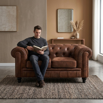 Mens Club Chesterfield Sofa Couch Leder Polster 2 Sitzer Braun NEW