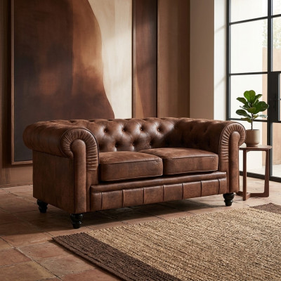 Mens Club Chesterfield Sofa Couch Leder Polster 2 Sitzer Braun NEW