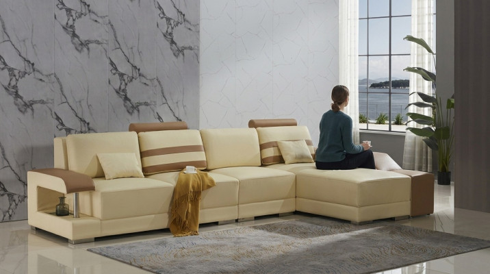 Ledersofa L-Form Couch Wohnlandschaft Ecksofa Garnitur Design Modern Sofa Beige