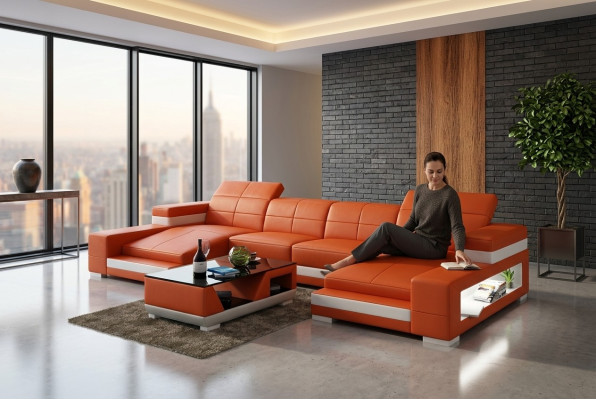 Ecksofa Sofa Wohnlandschaft U Form Polster Couch Ledersofa Orange