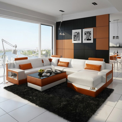 Ecksofa Sofa Wohnlandschaft U Form Polster Couch Ledersofa Weiß