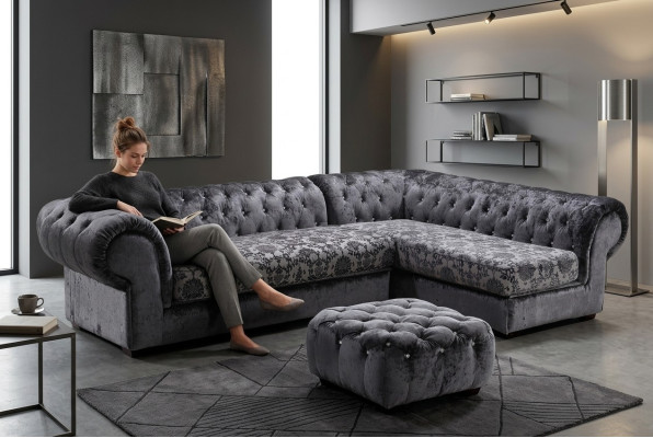 Klassische Chesterfield Stoff L-Form Couch Wohnlandschaft Ecksofa Garnitur