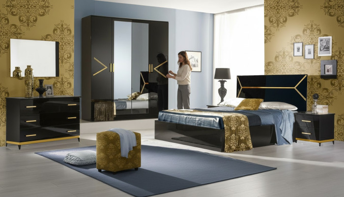 Klassisches Schlafzimmer Set Garnitur Luxus Modern Stil Bett 6 tlg. Holz Kommode
