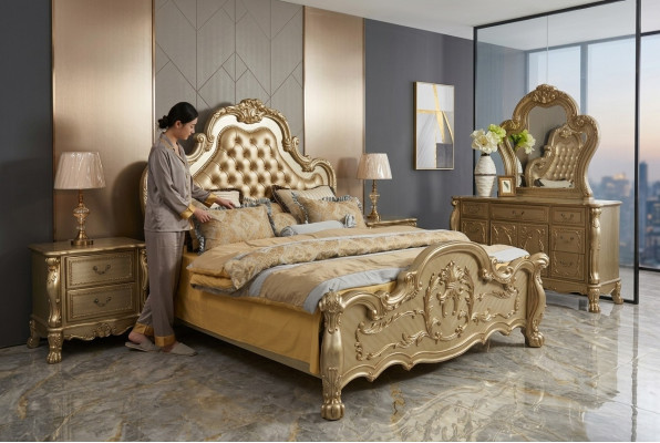 Bett Polsterbett Luxus Doppel Schlafzimmer Barock Holz Leder Betten