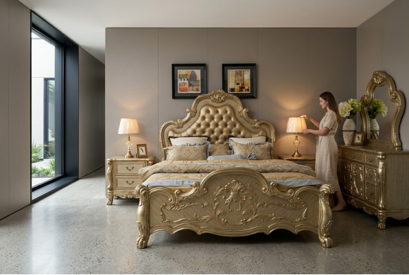 Bett + 2x Nachttisch 3 tlg. Schlafzimmer Set Designer Luxus Schlafzimmer Barock