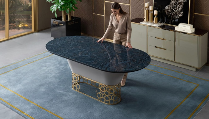 Luxus Designer Edelstahl Metall Esstisch Tische Wohn Zimmer Marmor Design