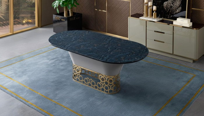 Luxus Designer Edelstahl Metall Esstisch Tische Wohn Zimmer Marmor Design