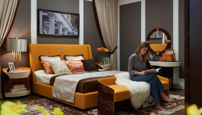 Schlafzimmer 7tlg. Set Luxus Möbel Bett Hocker Spiegel Nachttisch Bettgestelle
