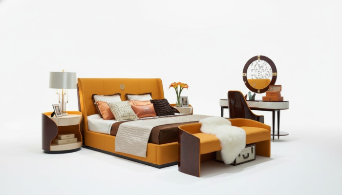Schlafzimmer 7tlg. Set Luxus Möbel Bett Hocker Spiegel Nachttisch Bettgestelle
