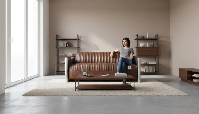 Echtleder Sofa Leder Designsofa 3-Sitzer Vintage Couch Aluminium Flugzeug Metall