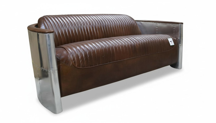 Echtleder Sofa Leder Designsofa 3-Sitzer Vintage Couch Aluminium Flugzeug Metall