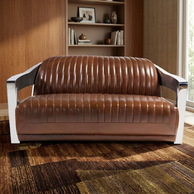 Echtleder Sofa Leder Designsofa 3-Sitzer Vintage Couch Aluminium Metall