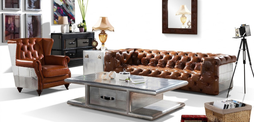 Ledersofa Sofa 3 Sitzer Vintage Leder Möbel Dreisitzer Couch Aluminium Couchen
