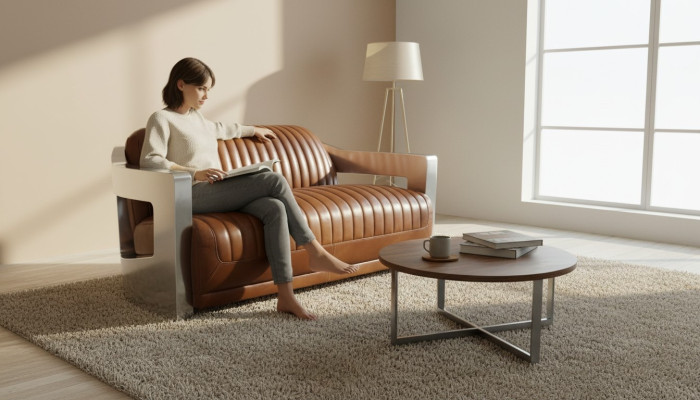 Sofa Vintage 2-Sitzer Ledersofa im Retro Stil Echtleder Aluminium Nieten Möbel