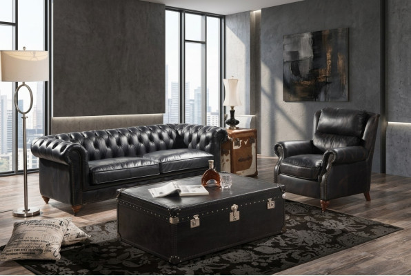 Chesterfield Sofa 3 Sitzer mit Sessel Schwarz Vintage Leder Möbel Stil 2tlg. Neu