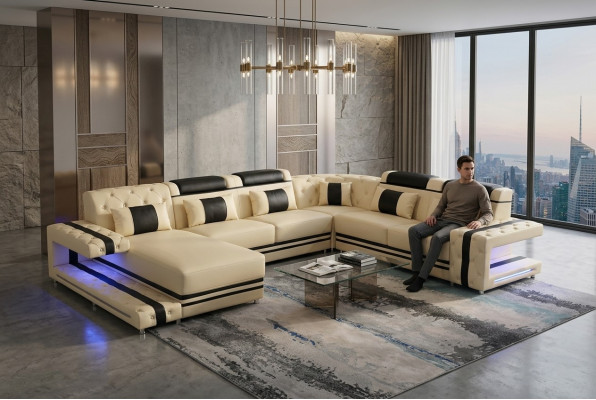 Leder Polster Sitz Design Modern Eck Garnitur Sofa Wohnlandschaft U Form USB LED