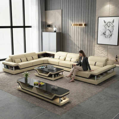 Ecksofa Beige mit Couchtisch 2tlg. Wohnzimmer Ledersofa Set Eckgarnitur Tisch