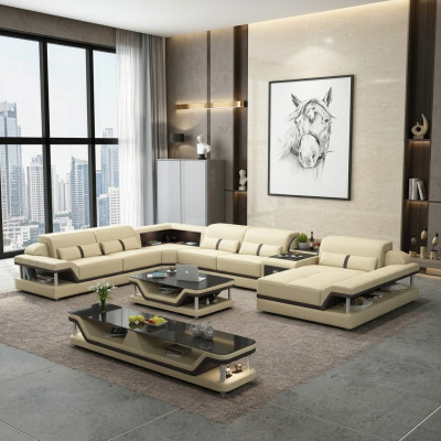 Ecksofa Beige mit Couchtisch 2tlg. Wohnzimmer Ledersofa Set Eckgarnitur Tisch