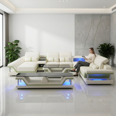 Moderne Design Wohnlandschaft Ecksofa Sofa Couch Polster rtv Couchtisch Leder
