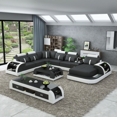 Garnitur Design Wohnlandschaft Ecksofa Sofa Couch U-Form Tisch Leder 2tlg. sets