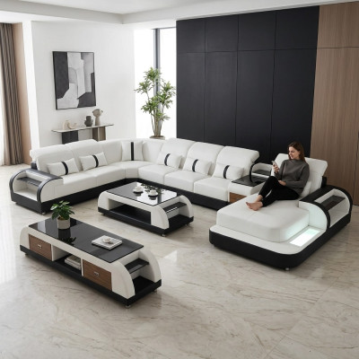 Wohnlandschaft Couch Polster Sofa Garnitur 3tlg. Set Couchtisch Sideboard Leder
