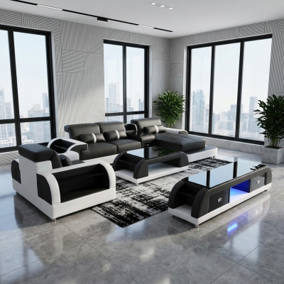 Couch Ecksofa Leder Wohnlandschaft Garnitur Design Modern Sof L-Form Couchtisch