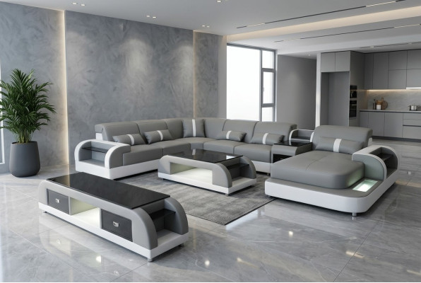 Garnitur Design Wohnlandschaft Ecksofa Sofa Couch U-Form Couchtisch Leder 2tlg