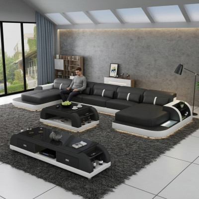 Ecksofa Ledersofa mit usb Big U Form Wohnlandschaft Sofa Couch Garnitur led neu
