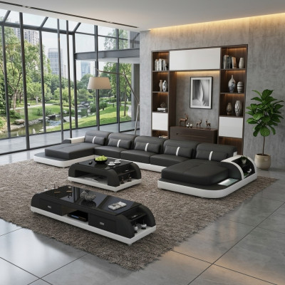 Ecksofa Ledersofa mit usb Big U Form Wohnlandschaft Sofa Couch Garnitur led neu