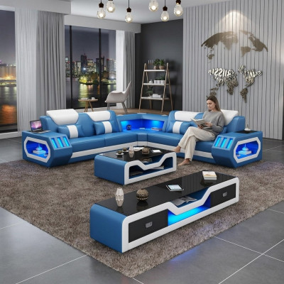 Ecksofa L Form Couchtisch Sofa Couch Design Polster Leder Modern Blau Tisch neu