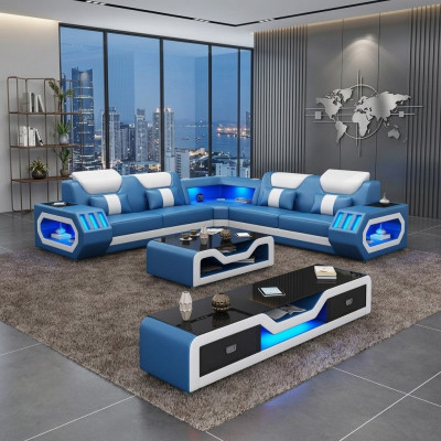 Ecksofa L Form Couchtisch Sofa Couch Design Polster Leder Modern Blau Tisch neu