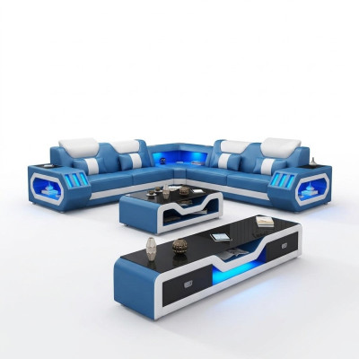 Ecksofa L Form Couchtisch Sofa Couch Design Polster Leder Modern Blau Tisch neu