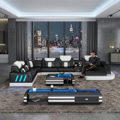 Ecksofa U-Form Couchtisch Polster Garnitur Wohnlandschaft Design Ecksofa Led