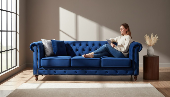 jvmoebel ® - Leder Sofa Couch - Royal Blau Polster Dreisitzer Couch Garnitur