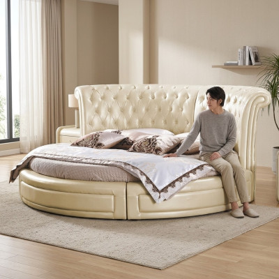 Rundes Bett Chesterfield Designer Rund Schlafzimmer Textil Leder Polster Betten