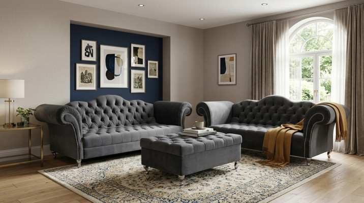 Sofagarnitur 3+2 Sitzers + Hocker Chesterfield Sofa Stoff Leder Couchen