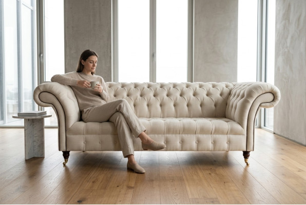 Moderner Beiger Chesterfield 3-Sitzer Sofa Wohnzimmer Couch
