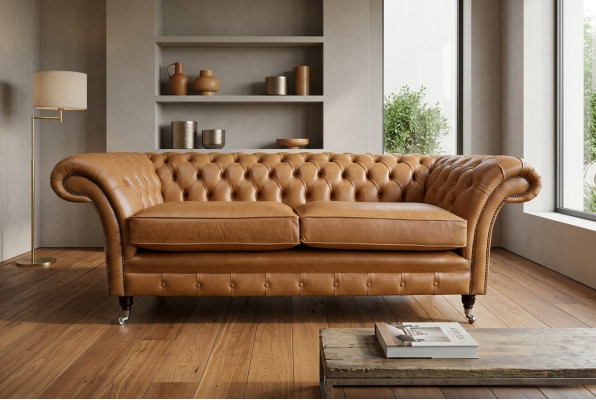 Sofa 3 Sitzer Couch Chesterfield Polster Sitz Garnitur Leder Braun Textil