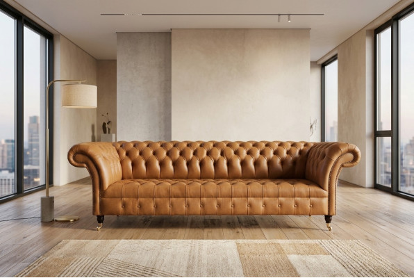 Design Chesterfield Sofagarnitur 4 Sitzer Couch Leder Polster Braun Luxus Sofa