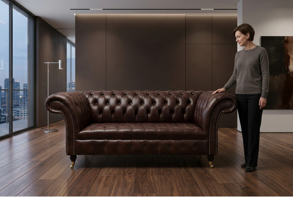 Klassische Polster Möbel Chesterfield Braun Couch Textil Leder Stoff Sofa Sitzer