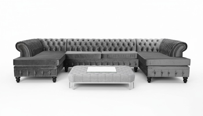 Set Luxury Modern Ecksofa U-Form Chesterfield und Couchtisch Wohnzimmer Textil