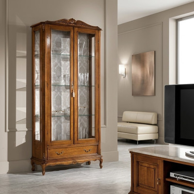 Designer Luxus Holz Vitrine Braun 2 Glas Türen 1 Schublade Italienische Möbel
