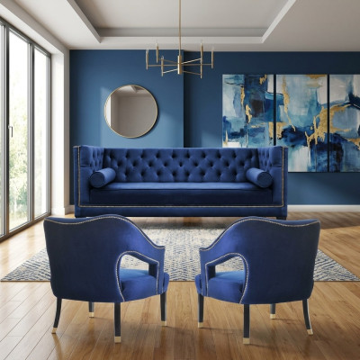 Luxus blaue Chesterfield Couchgarnitur  Sessel + Dreisitzer 3+1+1 Set