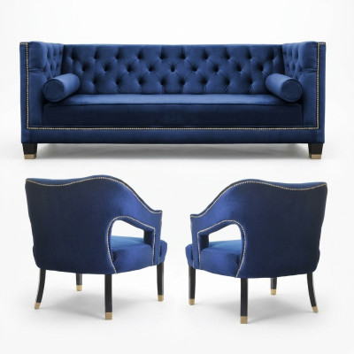 Luxus blaue Chesterfield Couchgarnitur  Sessel + Dreisitzer 3+1+1 Set