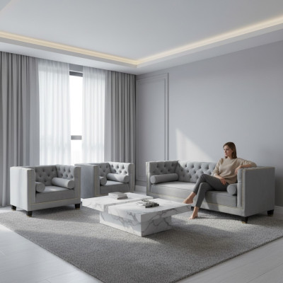 Sofagarnitur Grau Chesterfield Sessel Luxus Möbel Textil Stoff Wohnzimmer Neu