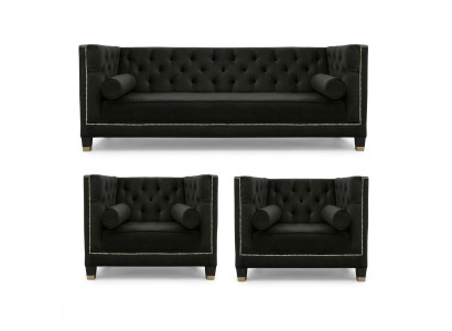 Schwarze Wohnzimmer Sofagarnitur Chesterfield Sessel Dreisitzer 3tlg