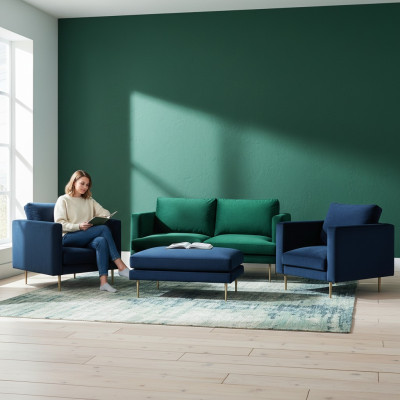 Sofagarnitur Grün Hocker Sessel Wohnzimmer Gruppe Möbel Textil Stoff Sofas Neu